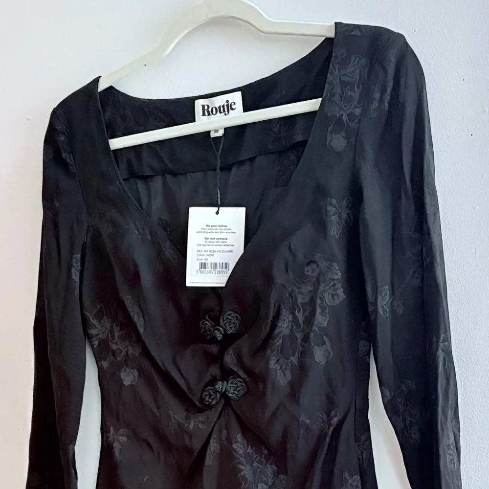 ROUJE PARIS Nancia Floral Jacquard Silk Satin Black Mini Dress Frog Knot Detail - Picture 12 of 16